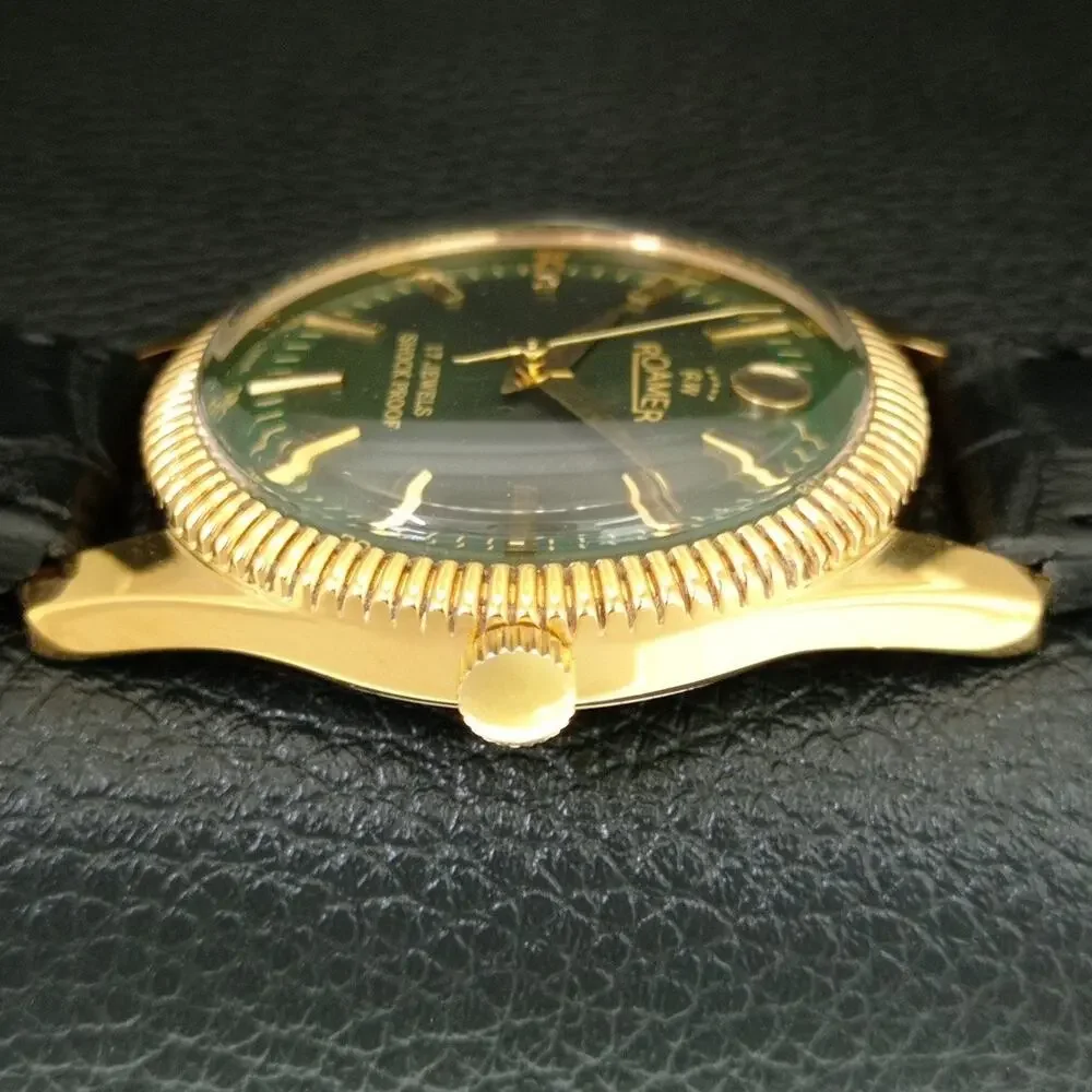 Vintage 1978 Roamer Manual Mens Gold Watch W/Leather Strap & Green accents